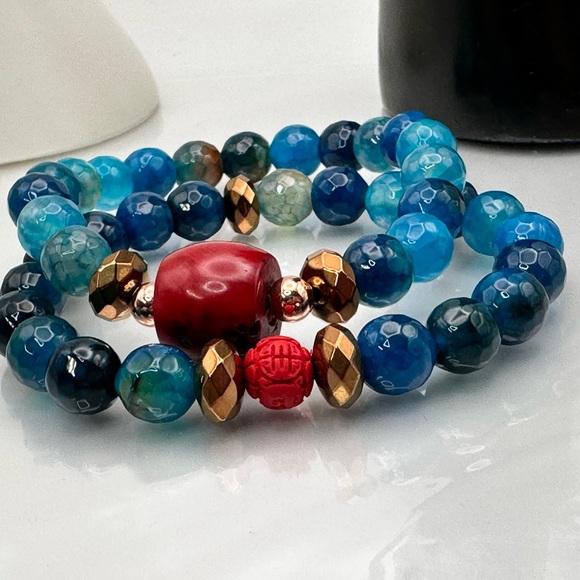 RED CORAL + DRAGON VEINS AGATE NATURAL STONES BRACELET size 7”,8” - Picture 11 of 13